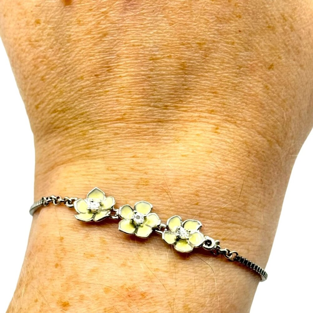 NWT D’Joy Sterling Silver Enamel Flower Diamond Adjustable Bolo Bracelet